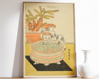 Japanese Cat Art Print | Japanese Decor | Ukiyo-e Print | Isoda Koryusai | Animal Wall Art | Oriental Print | Cat Lovers Gift