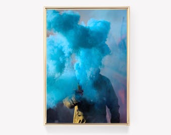 Person With Smoke | Blue Smoke Bomb | Smoke Art Print | Vivid Smoke Print | Vintage Smoke Art | Wall Decor