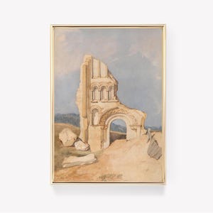 May include: A watercolor painting of a crumbling stone archway with a cloudy sky in the background. The archway is partially destroyed, with only one side remaining. The painting is framed in a gold frame.