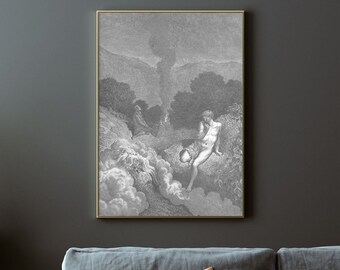 Peut inclure: Une illustration en noir et blanc d'un homme assis sur un rocher avec une femme debout derrière lui. La scène se déroule dans un paysage montagneux avec des nuages et des arbres.
