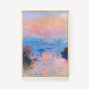 May include: A painting of a sunset over a river with a town in the distance. The sky is a mix of pink, purple, and orange, and the water is a deep blue. The sun is a bright orange circle in the sky.