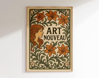 Art Nouveau Poster, Vintage Floral Print, Woman Illustration Wall Art, Elegant Botanical Decor, Classic Art Nouveau Style