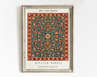 May include: Framed print featuring a detailed floral carpet design in shades of blue, red, and gold. The print is labeled "ARTS AND CRAFTS" and "WILLIAM MORRIS Holland Park Carpet, 1854."