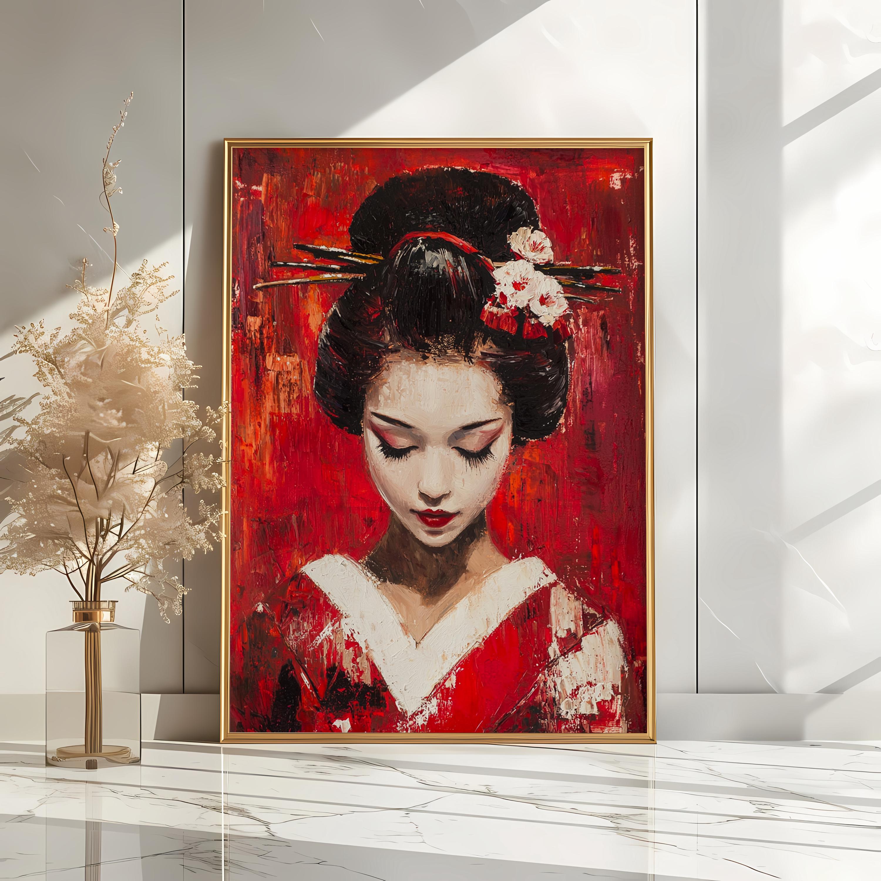 Geisha Oil Painting, Japanese Art Print, Red Kimono Wall Decor, Elegant ...