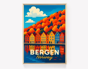 Bergen Vintage Travel Poster, Norway Wall Art, Bergen Print, Scandinavian Decor, Travel Gift