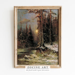 May include: A framed painting of a snowy forest scene with a large, bright moon in the sky. The trees are tall and slender, and the snow is deep and white. The painting is in a rustic wooden frame.
