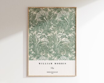 May include: A framed print of a green and white floral pattern by William Morris, titled "Tulips" from the Morris Museum of Art, 1875.
