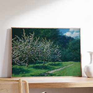May include: A framed painting of a landscape with three trees in bloom. The trees are in the foreground, with a path leading to a forest in the background. The sky is blue with white clouds.