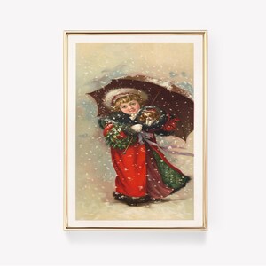 Navidad victoriana / Niño con perro / Impresión con paraguas / Pintura antigua / Impresión de tarjeta antigua