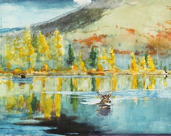 Canoa sul lago Deer / Stampa di Harton Homan / Scena naturalistica / Dipinto vintage / Stampa retrò / Arte naturalistica