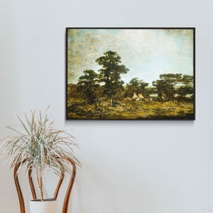 May include: A painting depicting a landscape with a group of trees in the foreground and a small village in the distance. The sky is a light blue with white clouds. The trees are a dark green and the village is a light brown.