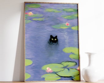 Stampa del gatto con le ninfee di Monet / Stampa divertente / Poster del gatto di Claude Monet / Arte del gatto nero / Poster floreale / Poster della mostra / Stampa artistica del gatto