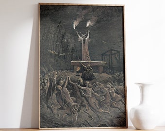 May include: A black and white illustration depicting a dark, shadowy scene with a figure in a white robe standing on a platform, raising their arms with torches in each hand.  The figure is surrounded by other figures in the foreground, some with wings and horns, dancing and running.
