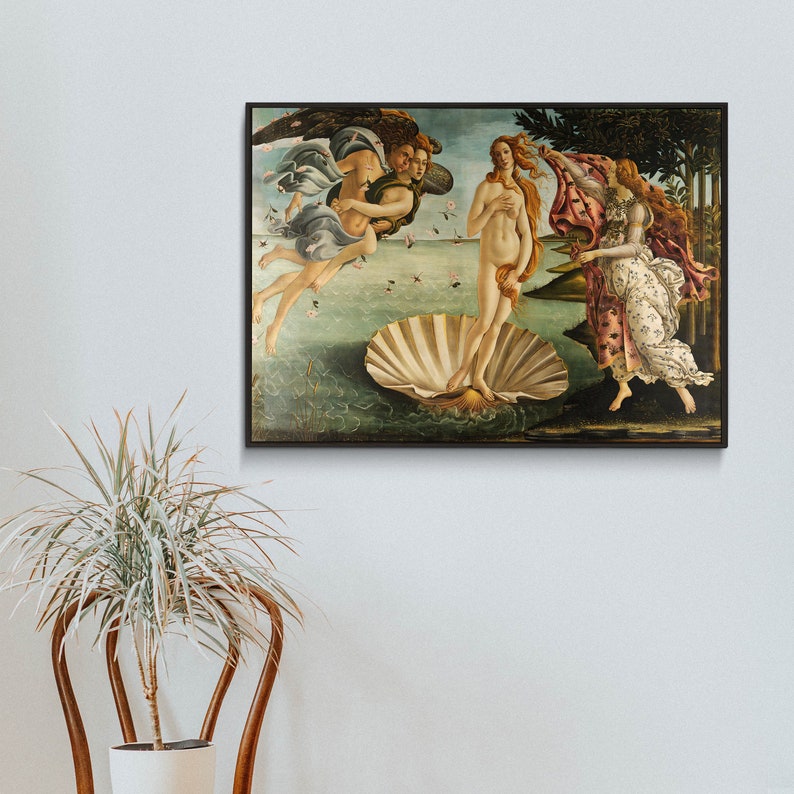 May include: A painting depicting the birth of Venus, a classical mythological scene. The painting features a nude woman standing on a large seashell, with two figures in the background. The woman has long flowing hair and is holding a drapery in her left hand. The figures in the background are a winged figure and a woman with long flowing hair. The painting is set against a backdrop of a blue sky and a green landscape.