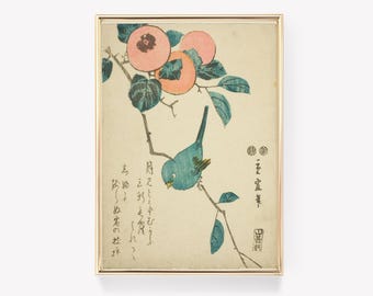 Hokusai Bullfinch | Weeping Cherry Art | Vintage Painting | Japanese Print | Hokusai Print Poster