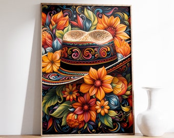Mexican Sombrero Poster | Sombrero Print | Vintage Mexican Wall Art | Mexicn Folk Art Print