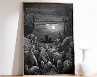 May include: A black and white illustration of a flock of sheep being watched by a group of cats under a full moon. The cats are silhouetted against the moon and the sheep are gathered together in a pen.