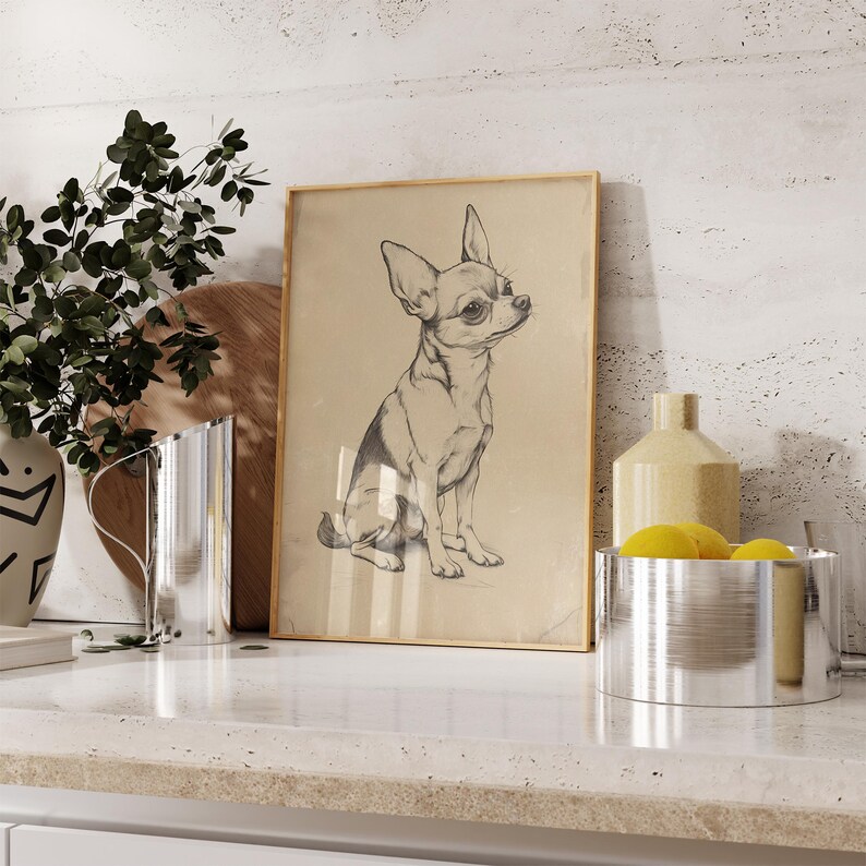 a picture of a dog on a wall next to a potted plant