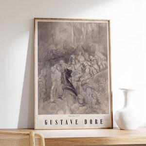 May include: A black and white drawing of a group of people in a woodland setting. The drawing is in a brown frame with the text "Gustave Doré" at the bottom.
