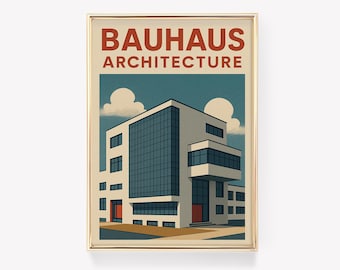 Op de afbeelding: Een ingelijste kunstdruk met een Bauhaus architectuurontwerp. De print heeft een crèmekleurige achtergrond met de woorden "BAUHAUS ARCHITECTURE" in het rood. Het gebouw is wit met blauwe ramen en een blauwe hemel.
