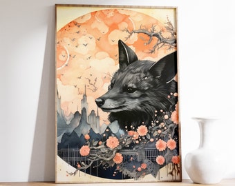 Japanese Bat Poster | Animal Poster | Bat Art Print | Animal Wall Art | Mid Century Modern | Japanese Wall Art | Ukiyo-e