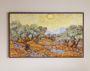 May include: A painting of a landscape with olive trees in the foreground and a sun in the sky. The trees are painted in a vibrant green and yellow, while the sky is a bright yellow. The painting is done in a style reminiscent of Vincent van Gogh.