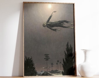 May include: A framed painting of a dark figure floating in the air against a dark sky with a bright light above. The figure has long arms and legs and is wearing a dark robe. The painting is set against a background of trees and a distant horizon.