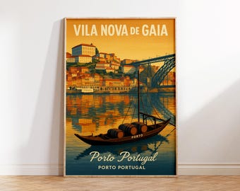 Vila Nova de Gaia Poster, Porto Portugal Print, Douro River Art, Porto Wall Decor, Wine Boat Scene