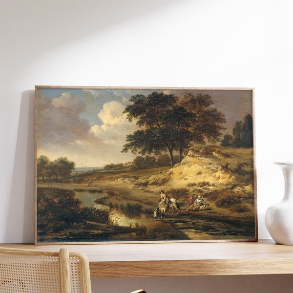 Jan Wijnants - Landschap met een ruiter (1655) | Vintage Poster | Antique Oil Painting, River Landscape, Farmland Painting, Farmhouse Art