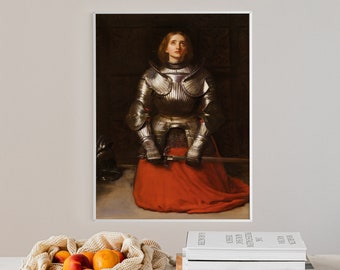 May include: A painting of a woman in a silver suit of armor kneeling with a sword in her hands. She is looking up with a serious expression on her face. The background is a dark brown.