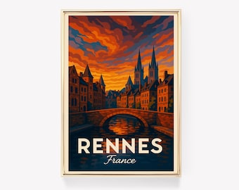 Plakat podróżniczy z Rennes, sztuka ścienna z Bretanii, plakat w stylu vintage, wystrój Francji