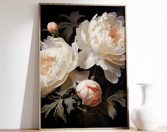 Peony Flowers | Cottagecore Wall Art | Moody Botanical Wall Art | Gothic Era Print | Dark Aesthetic Art Painting | Fairycore Print