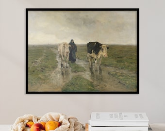 Cow Print | Cows Painting | Cows Meadow | Landscape Painting | Farmhouse Decor | Cow Canvas | Rustic Wall Art | Print Gift Maximalist Poster