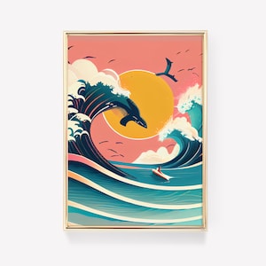 May include: A digital illustration of a large blue wave with a whale jumping out of the water. The background is a pink and orange sunset with a yellow sun. A small boat is in the water below the wave.