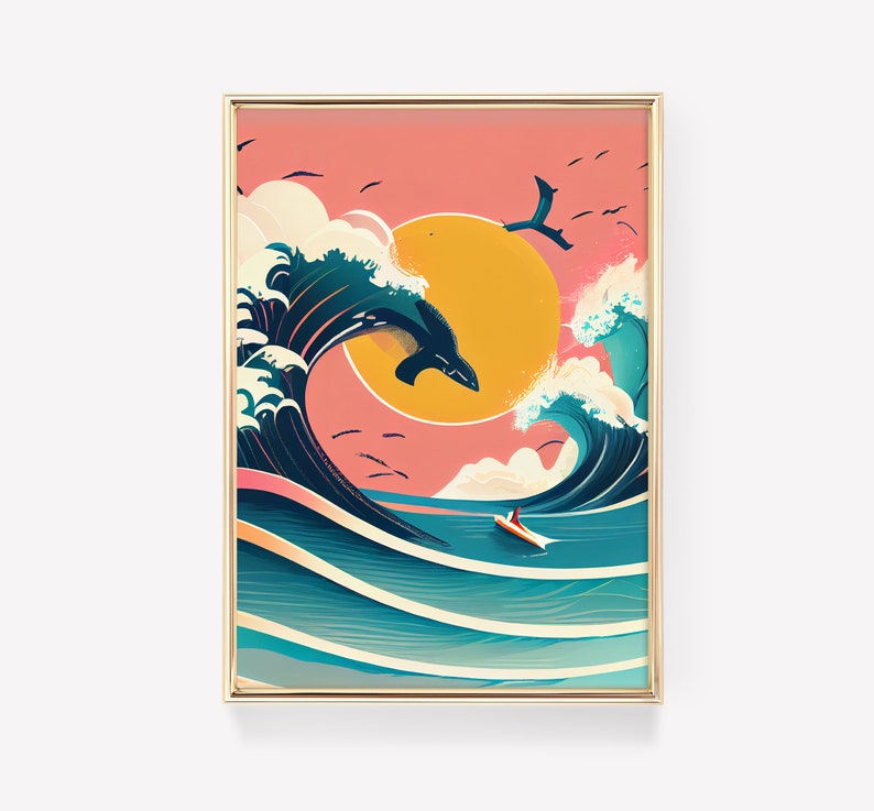 May include: A digital illustration of a large blue wave with a whale jumping out of the water. The background is a pink and orange sunset with a yellow sun. A small boat is in the water below the wave.