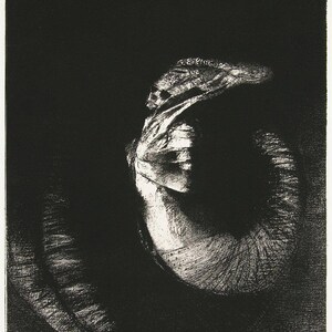 May include: A black and white print of a woman in a flowing dress, her head tilted back, her hair flowing behind her. The image is reminiscent of a swirling vortex.