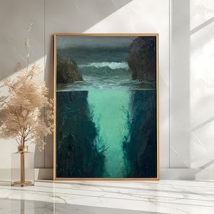 a painting on a wall next to a vase with flowers