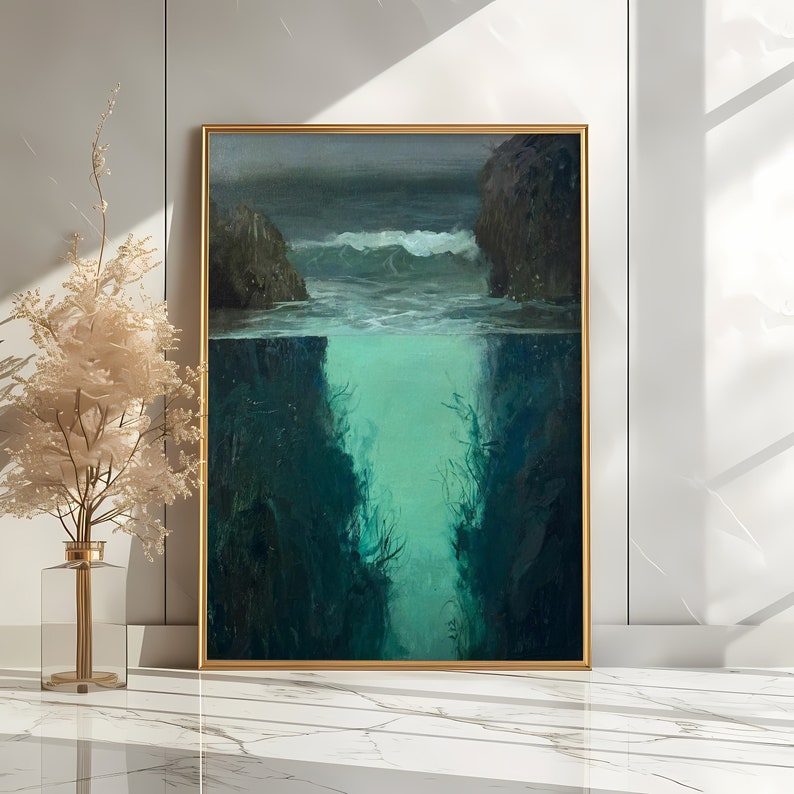 a painting on a wall next to a vase with flowers
