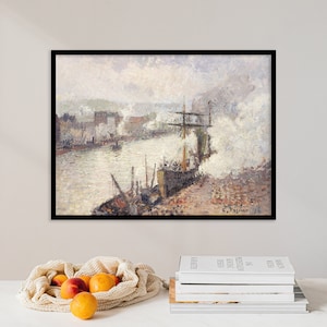 Camille Pissarro - Steamboats in the Port of Rouen (1896) - Landscape Poster Wall Art Print Vintage Coastal Cloudy Sky Painting Home Decor