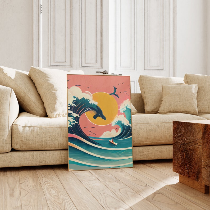 May include: A digital art print featuring a blue whale jumping over a large wave with a pink and yellow sunset in the background. A small boat with a person in it is riding the wave.