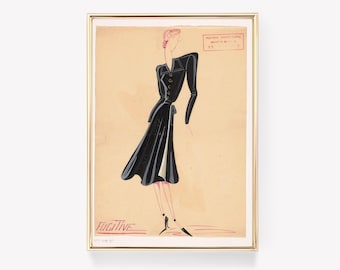 Mode-illustratie | Zwarte jurkkunst | Elegante vrouwenprint | Vintage schilderij | Chique modekunst