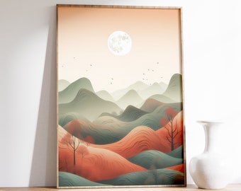 Terracotta Sun Mountain Print | Minimal Wall Art | Mid Century Abstract Sun | Boho Art | Green wall art