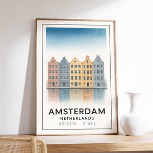 Poster delle case sui canali di Amsterdam, arte murale dei Paesi Bassi, stampa di Amsterdam, decorazione dell&#39;architettura olandese