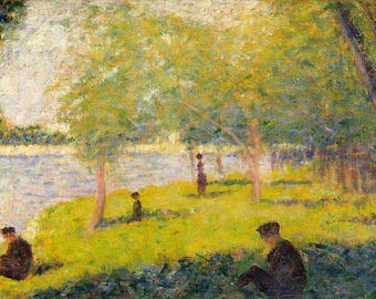 May include: A painting of a river scene with trees and people. The river is blue and the trees are green. The people are wearing dark clothing and are sitting or standing on the bank of the river.