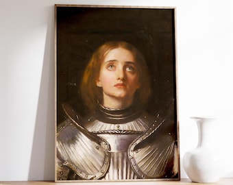 May include: A painting of a woman in armor, looking up with a hopeful expression. The woman has long, flowing hair and is wearing a silver breastplate with intricate details. The background is dark and shadowy, creating a dramatic contrast with the woman's bright face.