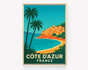 Côte d’Azur Reiseplakat, Frankreich Wandkunst, Vintage Druck, Französisch Riviera Dekor, Reisegeschenk