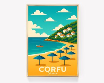 May include: A framed art print featuring a beach scene in Corfu, Greece. The artwork depicts a sandy beach with blue umbrellas, a turquoise sea, and a hillside dotted with white buildings. The sky is a vibrant blue with fluffy white clouds. The word "CORFU" is displayed in large letters.