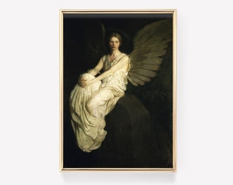 May include: A painting of a woman with wings, dressed in a white gown, sitting on a rock. The background is dark and the woman's wings are spread out behind her. The word "VIMBA" is inscribed on the rock.