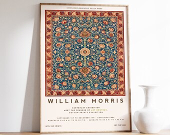 May include: A vintage poster advertising a William Morris centenary exhibition. The poster features a colorful floral pattern and the text "COTTON PRINTS DESIGNED BY WILLIAM MORRIS", "WILLIAM MORRIS", "CENTENARY EXHIBITION", "MEET THE FOUNDER OF ART NOUVEAU", "COTTON PRINTS EXHIBITION", "SEPTEMBER 1ST TO DECEMBER 7TH ADMISSION FREE", "WEEKDAYS 9.45 A.M. TO 10.30 P.M. SUNDAYS 10.30 A.M. TO 7.45 P.M", "ARTS AND CRAFTS", "ART NOUVEAU".
