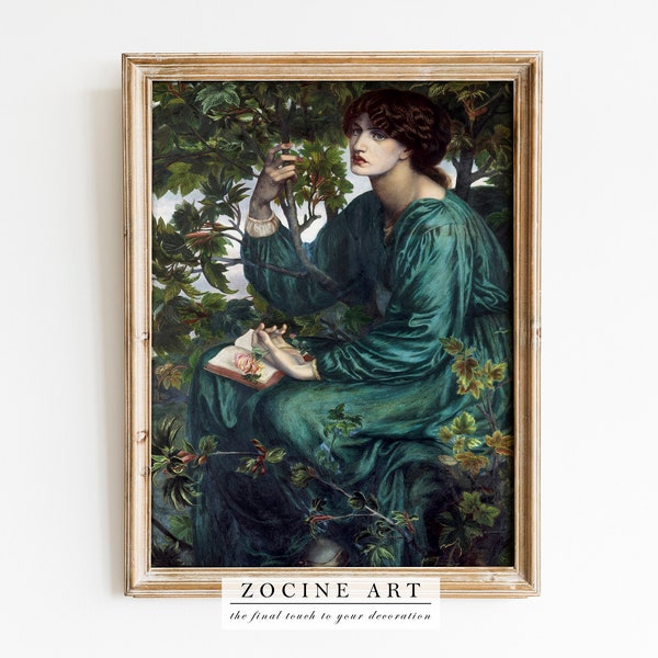 Dante Gabriel Rossetti - The Day Dream (1880) - Painting Poster Print Art - Beautiful Woman Portrait Green Dress Reading - Dark Academia